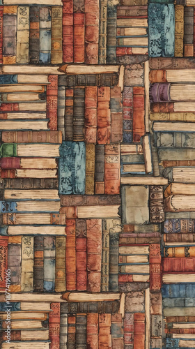 Watercolor hand drawn vintage library book stacks and seamless pattern background collection with copy space
