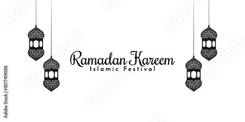 Ramadan Kareem Islamic Festival Banner with Hanging Lanterns on White Background