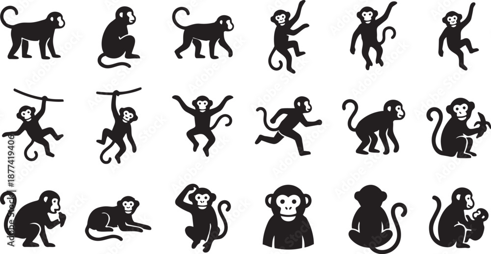 Obraz premium A comprehensive collection of diverse black silhouette monkey illustrations, showcasing various primates in dynamic poses and actions suitable for vector graphics, animal-themed designs, and icon sets
