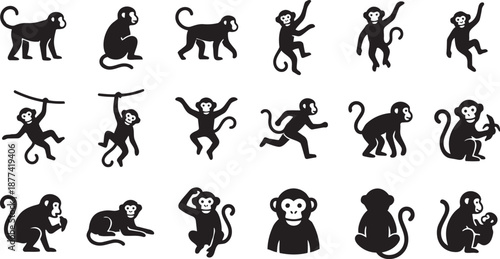 A comprehensive collection of diverse black silhouette monkey illustrations, showcasing various primates in dynamic poses and actions suitable for vector graphics, animal-themed designs, and icon sets