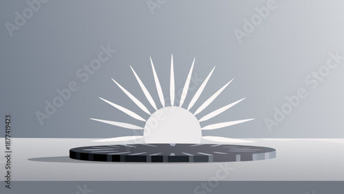 Flat illustration of stylized sun rays emerging from a circular platform on a gray background with a modern and sleek design with modern design
