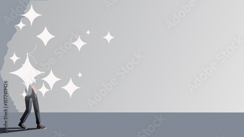 Flat vector illustration of a man walking towards sparkles and gleam symbols on a wall in a modern gray background with business concept and idea and inspiration