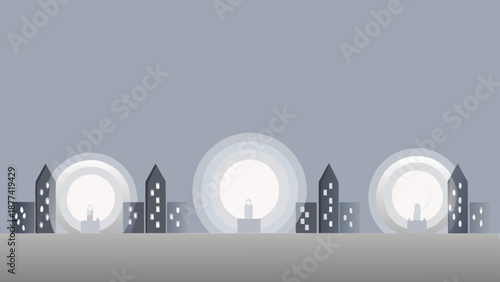 Glowing city skyline with modern buildings and clean energy concept at dusk or night with urban and landscape and architecture and illustration