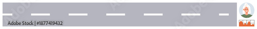 Navigation, transportation planning, infrastructure design, driving education, road safety, mapping. Wide gray road with dashed white lines and a small avatar icon in the corner. Navigation