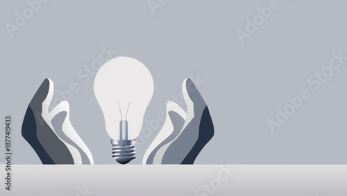 Flat vector illustration of a glowing light bulb concept with hands representing an idea or inspiration in a creative business or innovation setting with a grey background