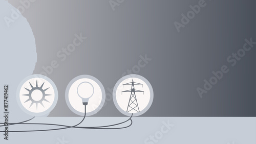 Minimal flat illustration of renewable energy symbols connected by wires on a grey background representing sustainable power generation with minimal illustration