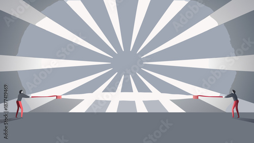 Flat vector illustration of two people pulling ropes in opposite directions in front of a minimal background with radiating beams forming a sunburst pattern