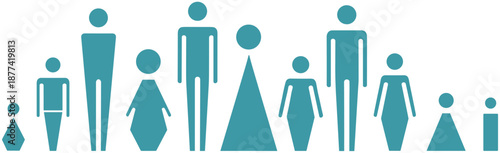 Minimal people icons showing family diversity, gender differences, height variation, flat vector silhouettes, social population concept, equality inclusion infographic design, illustration, symbols, 