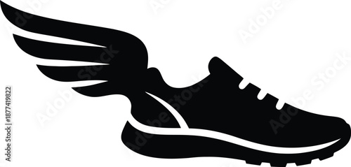 Sleek black silhouette of a running shoe with a stylized wing symbolizing speed and agility
Winged Running Shoe Silhouette Icon