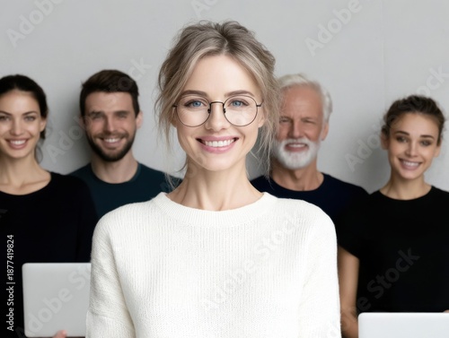 Wallpaper Mural Diverse Business Team Smiling Together Featuring a Confident Woman in Foreground Wearing Glasses and a White Sweater Torontodigital.ca