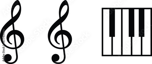 Minimal, music, notation, symbols, set, with, treble, clef, icons, and, piano, keyboard, illustration, isolated, on, white, background, for, education, design, branding, learning, creativity, art
