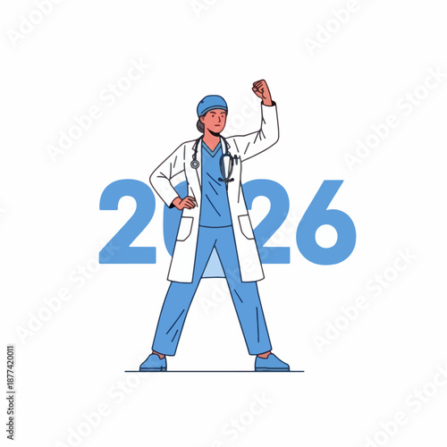 Female Doctor in Medical Scrubs Celebrating with Raised Fist for International Women's Day 2026