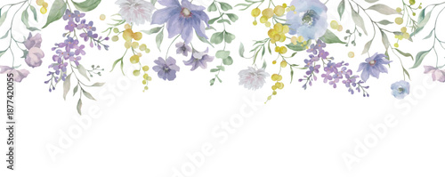 
Watercolor floral border with mimosa and lilac spring flowers in soft pastel colors. Habd drawn illustration. Vector EPS.