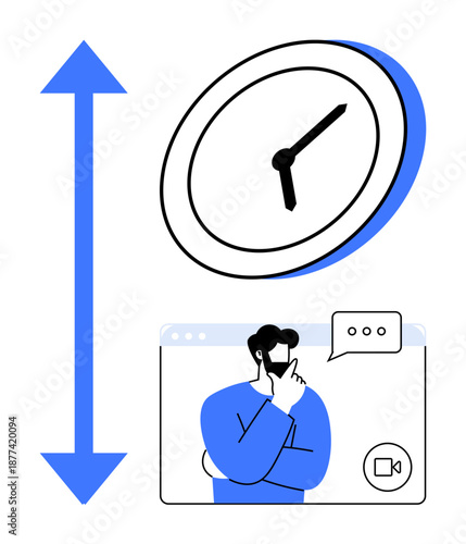 Time management, online communication, decision-making, productivity tools, virtual meetings, remote work. A clock beside a thoughtful person in a virtual call. Time management and decision-making