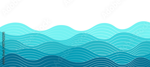 Sea waves background with blue water lines. Minimalist sea waves vector elegant curved shapes on white backdrop. Simple marine design displays layered patterns of sea waves.