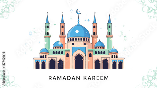 Ramadan Kareem mosque illustration, Islamic festive design, crescent moon and lantern decor, spiritual holiday greeting, flat vector art