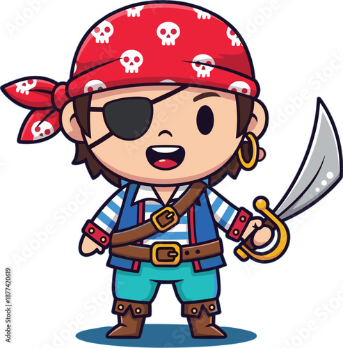 Cartoon pirate character, red bandana, striped shirt, sword, eye patch, cheerful pose, flat vector illustration, playful costume design