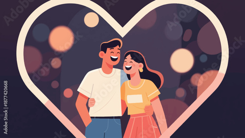 Illustration Of Happy Couple Laughing Together, Heart-Shaped Background, Romantic Feeling Vector Design Template