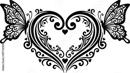 Ornamental heart shape with elegant butterflies floral swirls romantic tattoo style black and white vector illustration isolated on white background decorative love symbol design