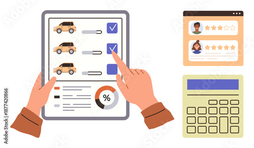 Car selection, consumer preferences, decision-making tools, automotive industry, vehicle rating, financial planning. Hands pointing at car comparison checklist with reviews and calculator. Car