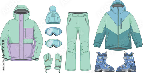 Winter sports gear set, ski outfit, snowboarding apparel, goggles, gloves, boots, flat vector illustration, cold weather clothing design