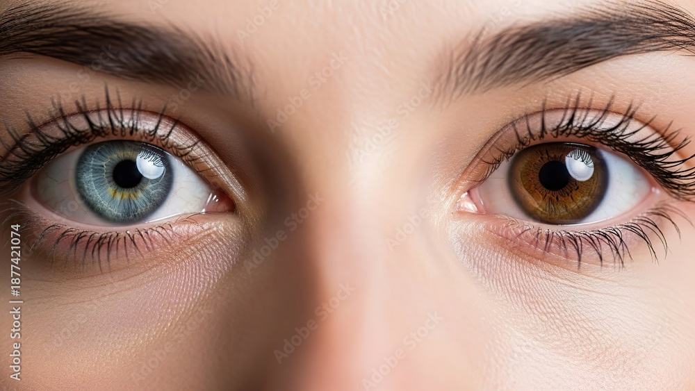 Obraz premium Macro Close-up of Human Eyes with Complete Heterochromia Showing One Blue and One Brown Iris