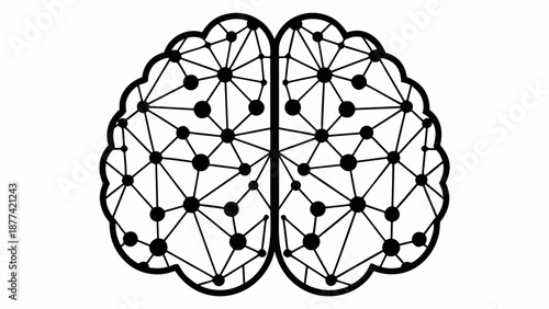 A black and white illustration of a human brain with interconnected nodes representing neural connections from a frontal viewpoint.