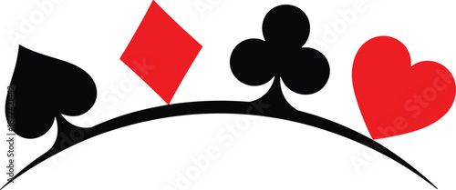 Playing card suits symbols illustration, spade heart diamond club icons, casino gambling concept, poker blackjack design, card game logo, isolated vector graphic