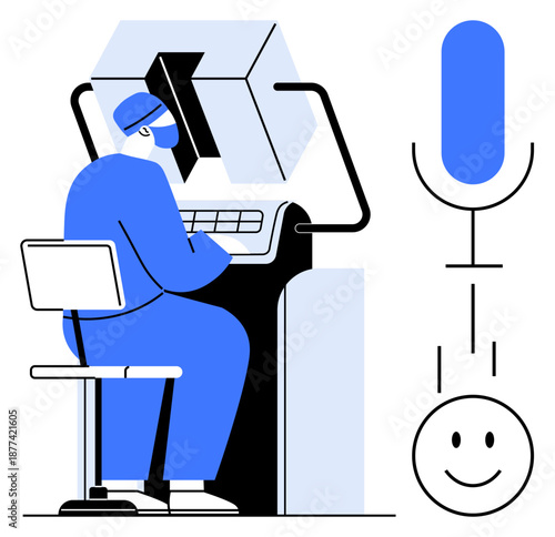 Voice recognition concept. Voice technology enabling AI integration in user workflows. Voice recognition enhances productivity and simplifies communication. For smart tech, automation, AI tools