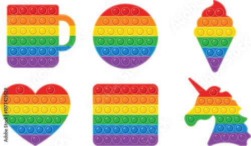 Rainbow pop it toys collection, sensory fidget shapes including mug, egg, ice cream, heart, square, unicorn, colorful silicone stress relief, kids learning toy