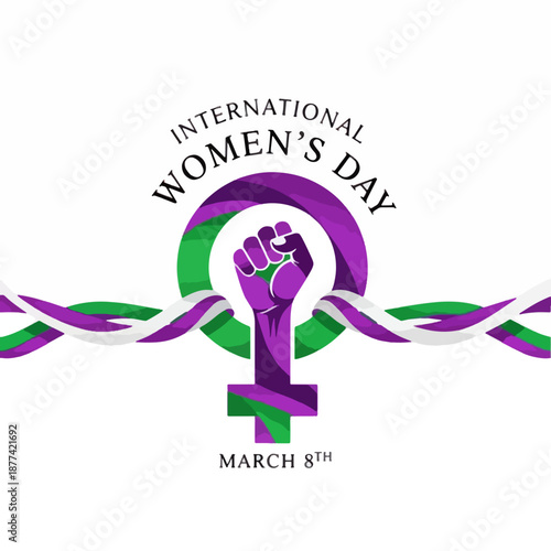 Raised Purple Fist Inside Female Symbol with Ribbon for International Women's Day March 8th