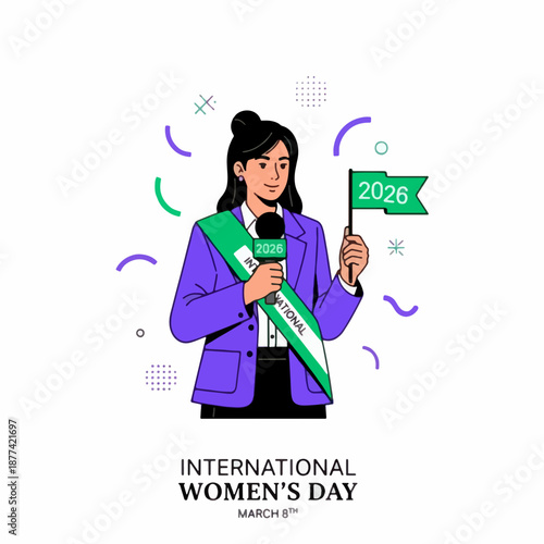 Woman Holding Microphone and 2026 Flag Wearing Sash for International Women's Day Public Speaking
