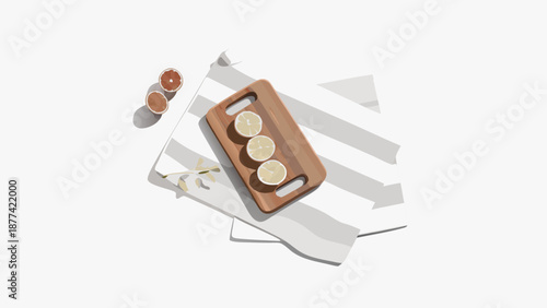 Flat vector illustration of a wooden cutting board with lemons on a striped cloth next to two cups of juice with kitchen and food and healthy eating