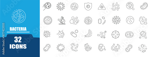 Bacteria  icon set.Bacteria  research outine icons set with editable stroke.Containing Bacteria, Shield,Virus Microscope,Immuneand more.Editable stroke. Vector illustration