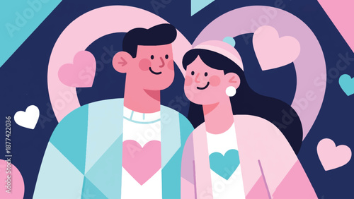Illustration Of Happy Couple With Matching Outfits, Pastel Tone, Love Theme Vector Design Template