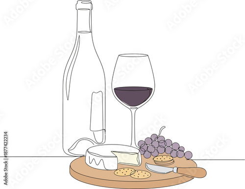  Wine Bottle and Glass with Cheese Board – Elegant Dining Illustration
