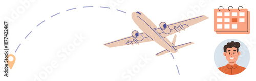 Travel planning, aviation, scheduling, vacation, tourism, trip preparation. Airplane flying towards a location pin, calendar and smiling person. Travel planning and aviation concept