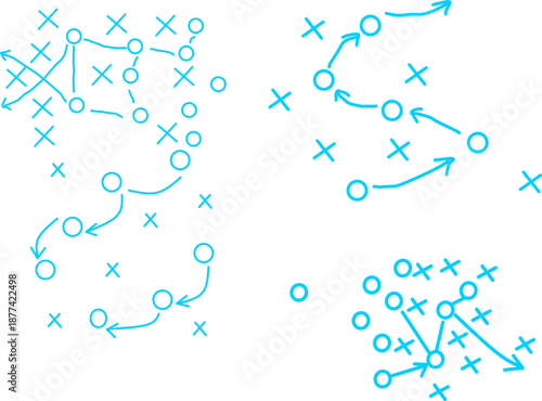 Blue football tactics sketches with arrows, circles, and crosses on white background, illustrating soccer strategy, passing routes, movement, and coaching plans.