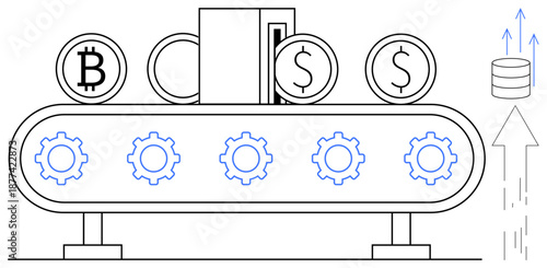 Cryptocurrency, financial automation, blockchain, fintech, mining processes, and digital economy. Conveyor belt with coins and gears denoting transaction flow. Cryptocurrency and blockchain