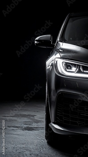 A dark-colored car with illuminated headlights in a dimly lit room