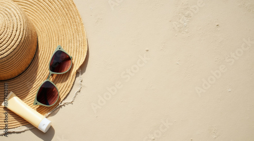 Straw Hat, Sunglasses And Sunscreen On A Light Sandy Surface.