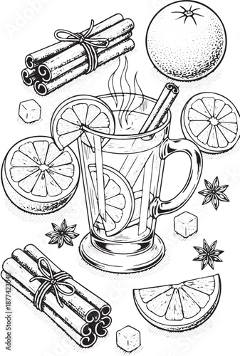 Hot Spiced Drink with Orange and Cinnamon Sticks.