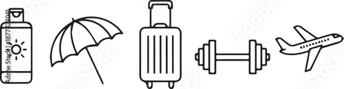Travel and Leisure Essentials Sunscreen Umbrella Luggage Dumbbell and Airplane Icons.