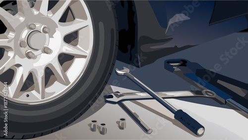 Flat vector illustration of a car wheel removed with tools and parts on a gray surface for repair or maintenance with vehicle and automotive