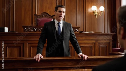Man in suit speaks behind wooden bar in courtroom