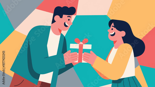 Illustration Of Man And Woman Exchanging Gifts, Joyful Expression Vector Design Template