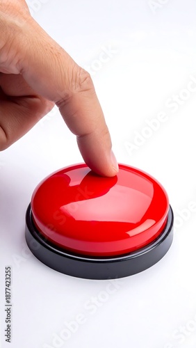 A hand pressing a red button on a white background