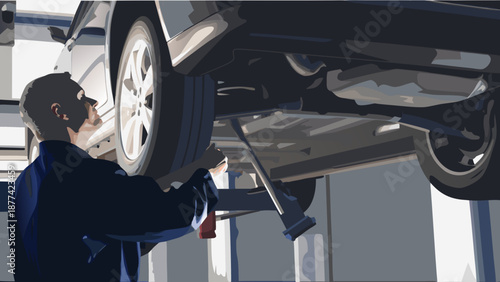 Flat vector illustration of a skilled auto repair worker inspecting and fixing a car with a hydraulic lift in a modern garage with gray walls and large windows