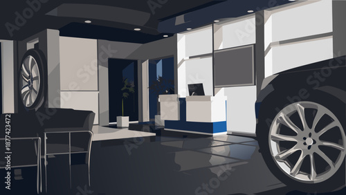 Flat vector illustration of a modern vehicle service center with a car and reception desk with car service and modern design and transportation