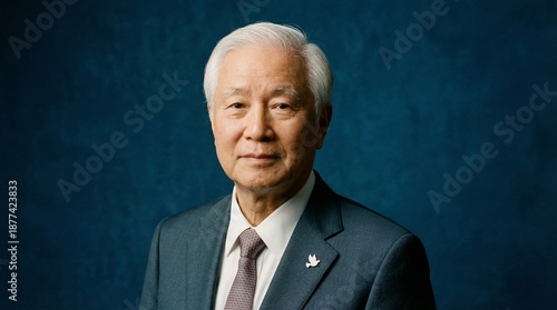 Distinguished elderly asian man wearing a formal suit poses confidently against dark blue background